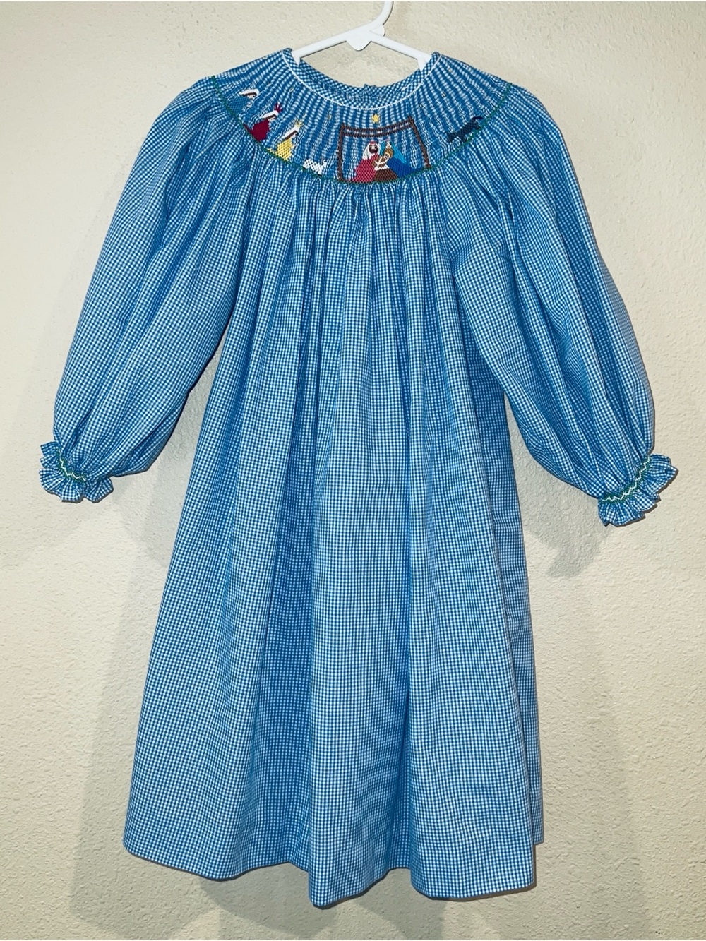 Girls Mom & Me 3T blue gingham festive holiday hand-smocked nativity dress